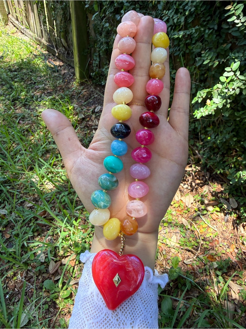 Rainbow Beaded Necklace with Pink Heart Pendant - Picture 7 of 7
